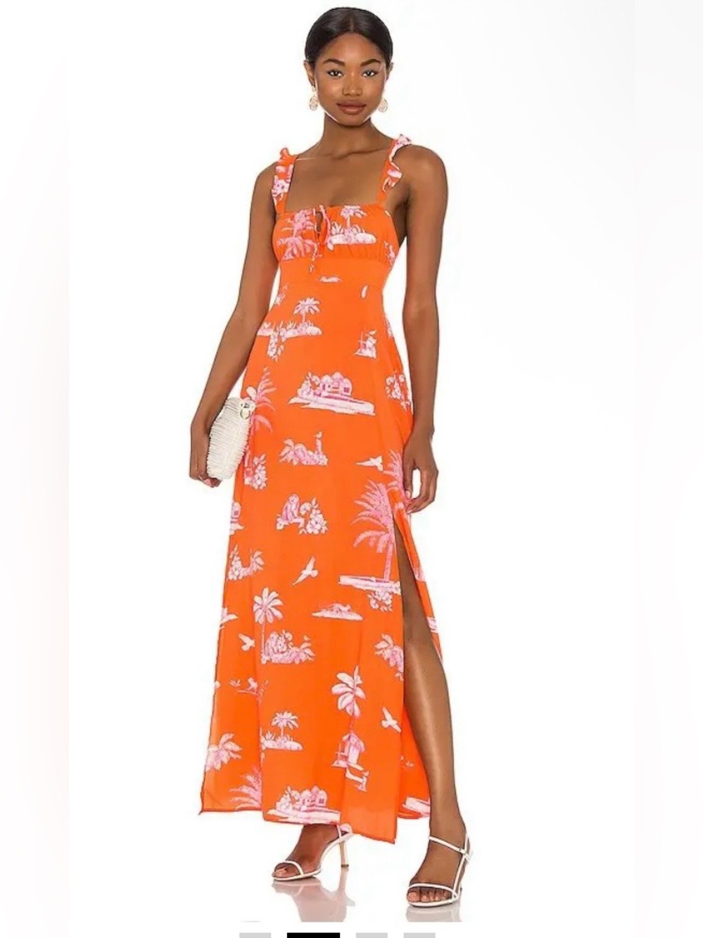 Agua Bendita Orange Maxi Dress with Pink Tropical Print